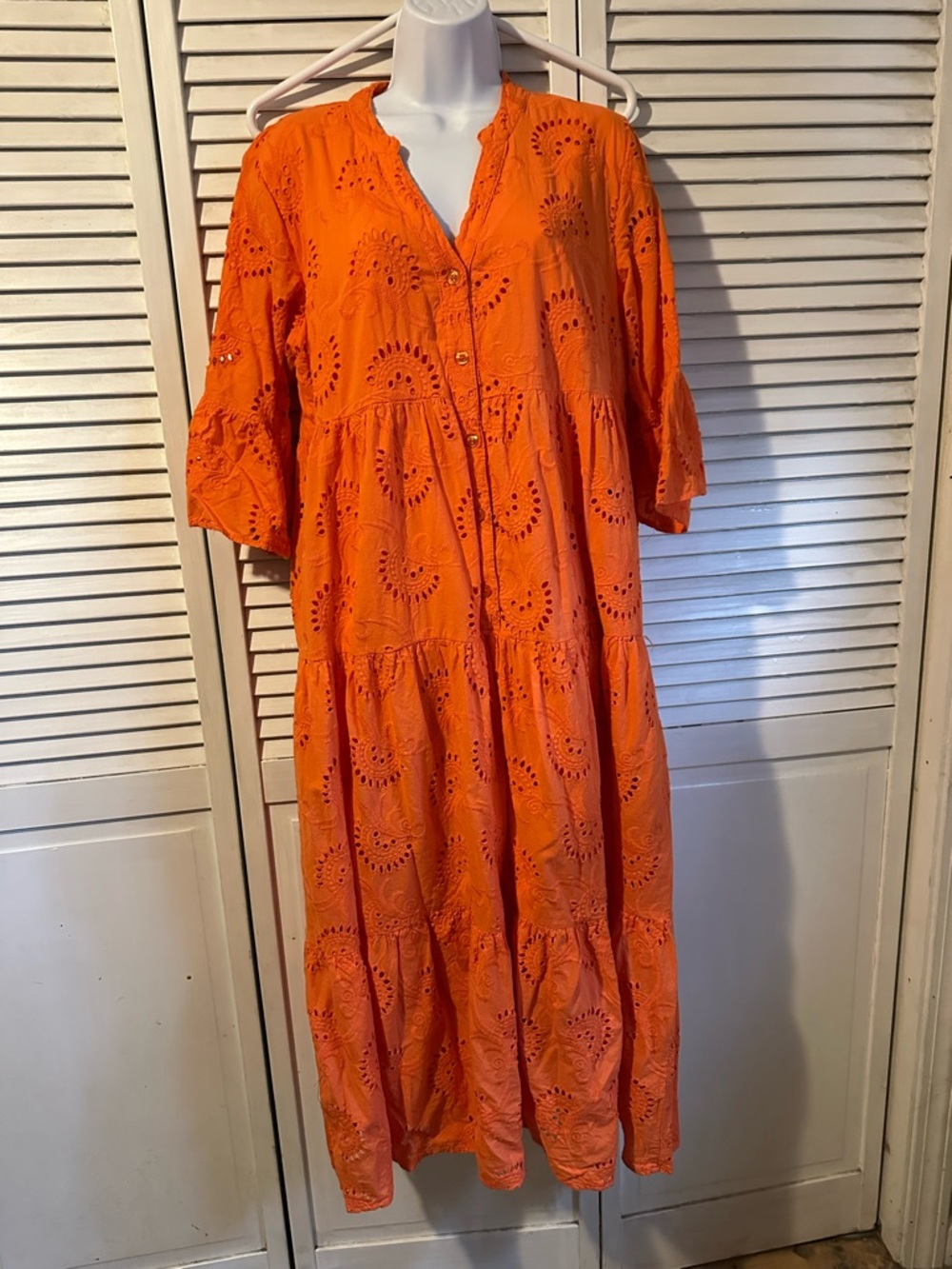 Eyelet Tiered Midi Dress - Vibrant Orange